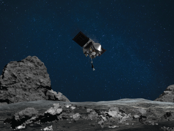 An artist's rendering shows NASA's OSIRIS-REx spacecraft descending toward the asteroid Bennu to collect a sample of the asteroid's surface.