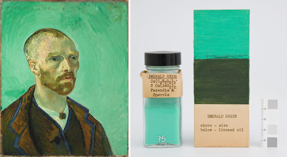 Van Gogh's 1888 <em>Self-Portrait Dedicated to Paul Gauguin </em>(left) and Emerald Green in the Forbes Pigment Collection.