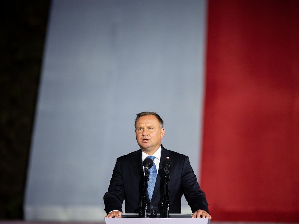 Polish President Andrzej Duda speaks to a crowd in September. Duda is in isolation after testing for the coronavirus.