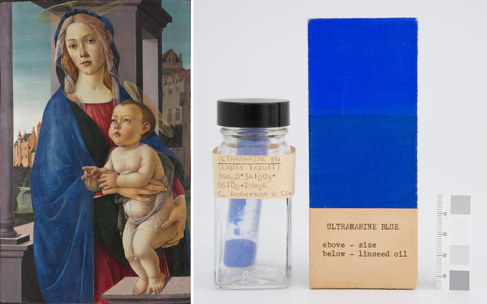 Botticelli's <em>The Virgin and Child</em> (left) and Ultramarine #4 (Lapis Lazuli; Genuine) in the Forbes Pigment Collection.