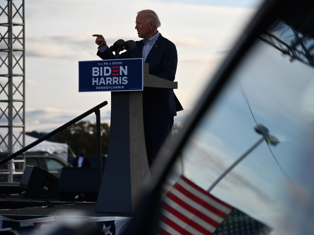 Democratic presidential nominee Joe Biden speaks at a drive-in rally at Dallas High School in Dallas, Pa., on Saturday. Pennsylvania is a crucial state, with both Biden and President Trump having visited in recent days.