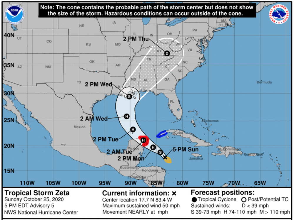 Tropical Storm Zeta is poised to develop into a hurricane and make landfall in the Gulf Coast by Wednesday afternoon.