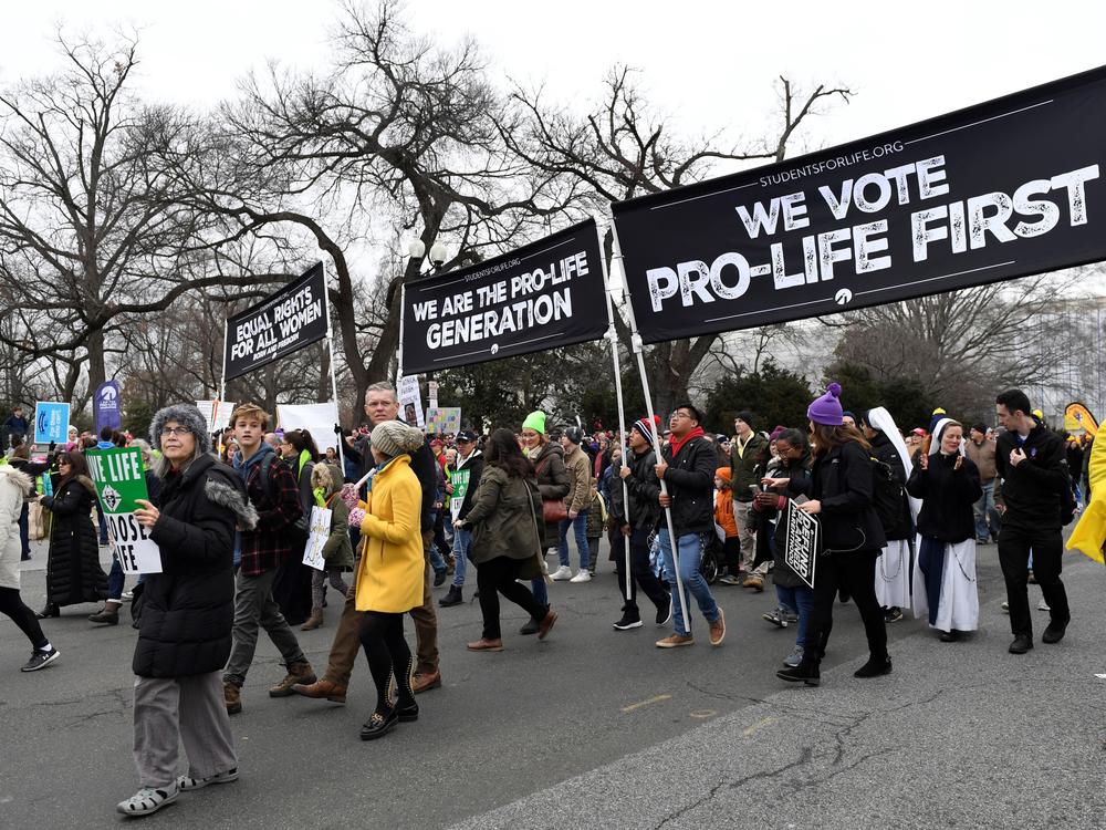 Anti-abortion-rights activists participate in the March for Life rally near the Supreme Court in Washington, D.C., on Jan. 24.