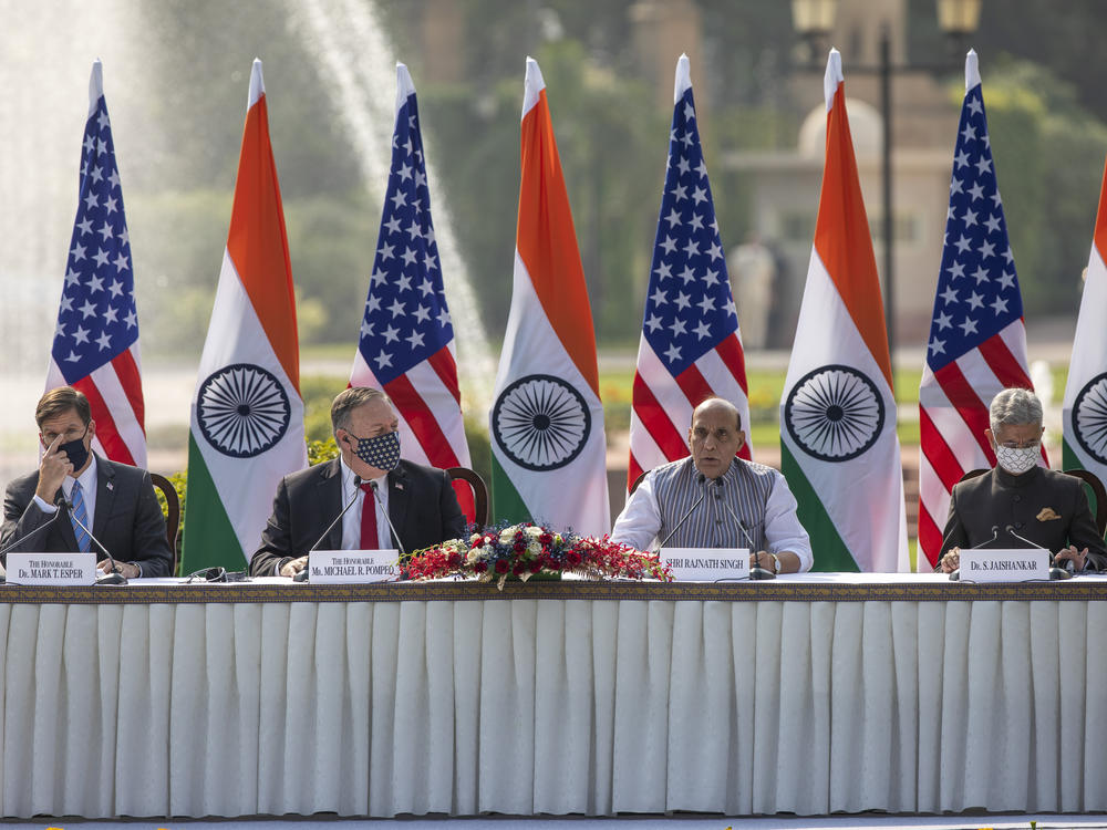 U.S. Secretary of Defense Mark Esper (from left), U.S. Secretary of State Mike Pompeo, Indian Defense Minister Rajnath Singh and Foreign Minister Subrahmanyam Jaishankar address a joint press conference on Tuesday at Hyderabad House in New Delhi.