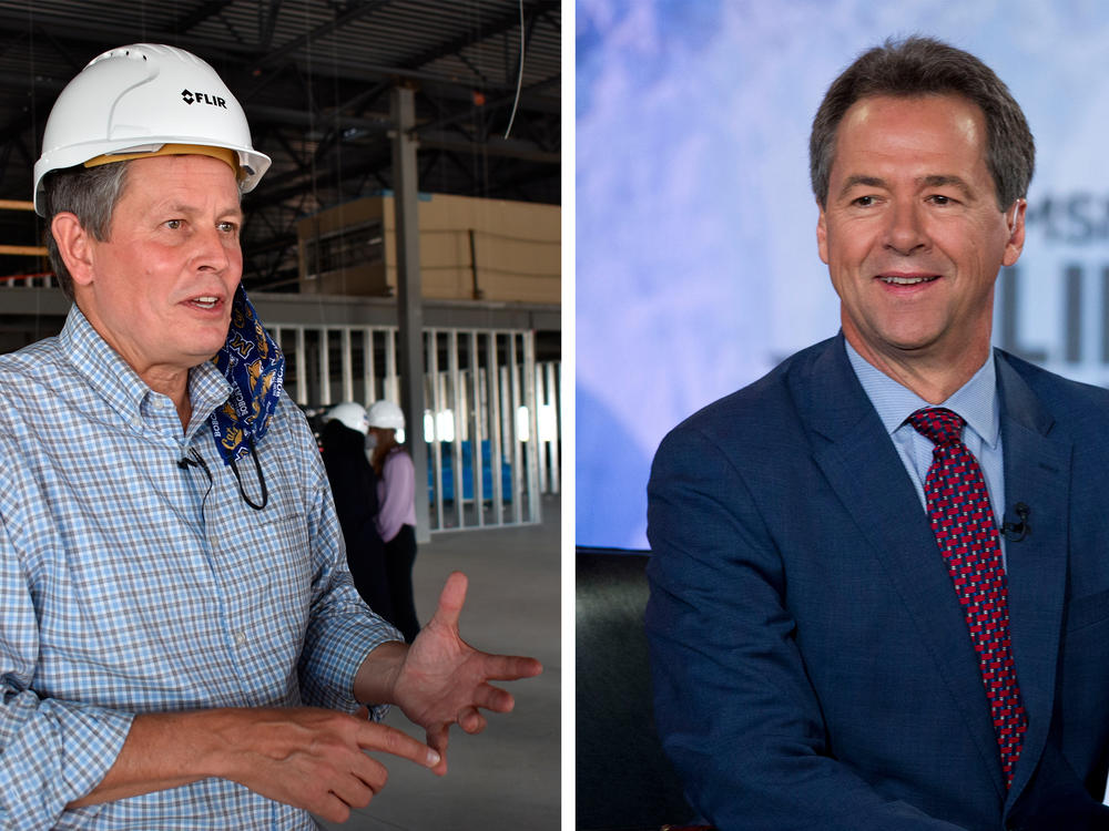 Left: Incumbent Republican Sen. Steve Daines speaks at a manufacturing facility under construction in Bozeman, Mont., in September. Right: Montana Senate candidate Gov. Steve Bullock in 2019.