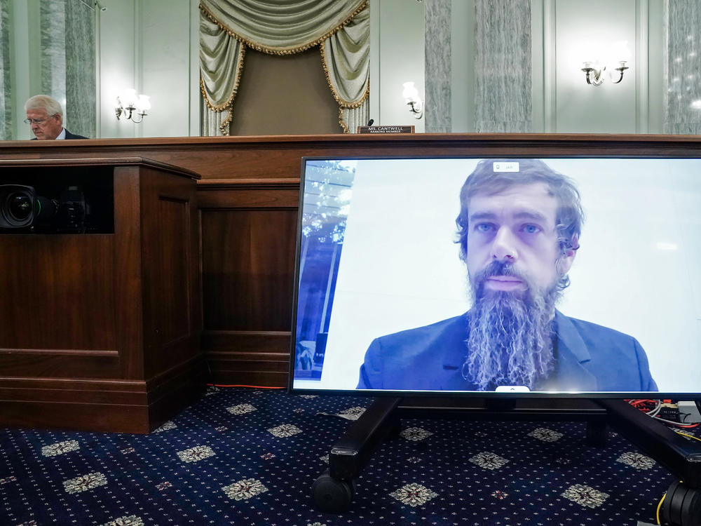 Twitter CEO Jack Dorsey testifies remotely during a Senate Commerce Committee hearing Wednesday about reforms to Section 230, a key legal shield for tech companies.