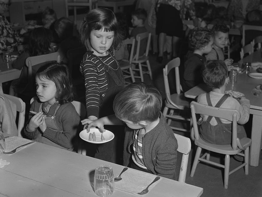 The scene in 1943 at a war workers' nursery in Oakland, Calif., where children were served cod liver oil and tomato juice in the morning, a nourishing lunch midday, and milk and crackers in the afternoon.