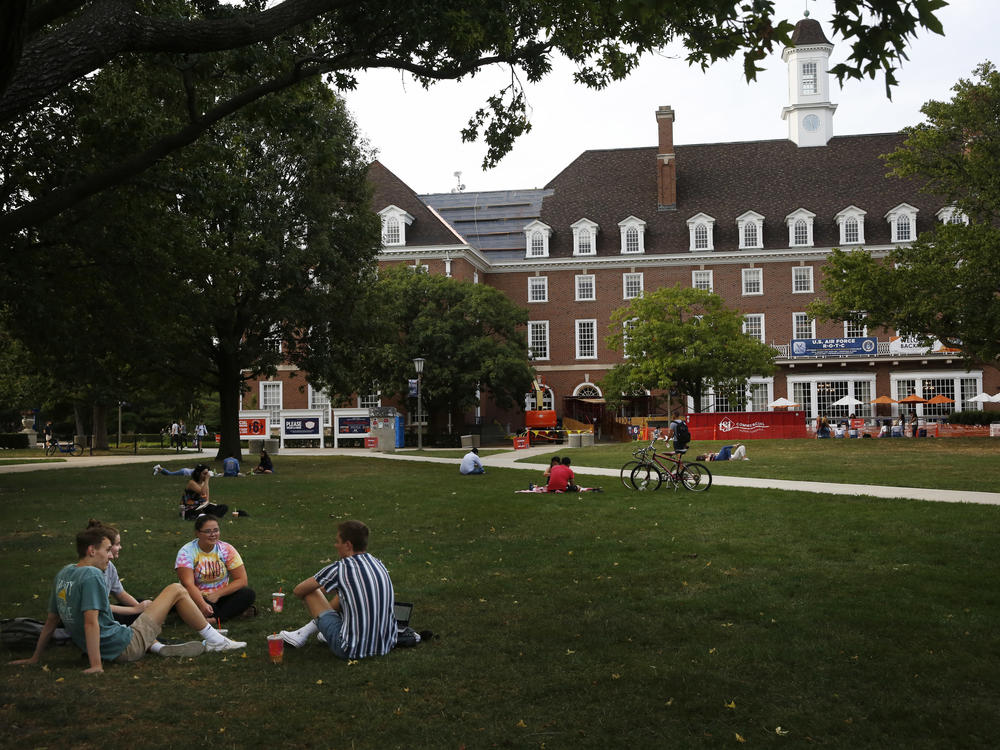 Students chat on a lawn this fall at the University of Illinois at Urbana-Champaign. It's unclear how disruptions to campus life during the pandemic might affect student voter turnout on Election Day.
