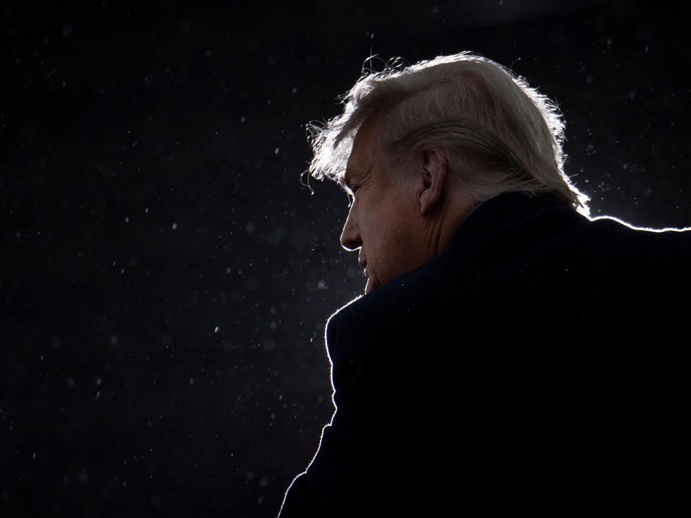 President Trump addresses a rally this week at Capital Region International Airport in Lansing, Mich.