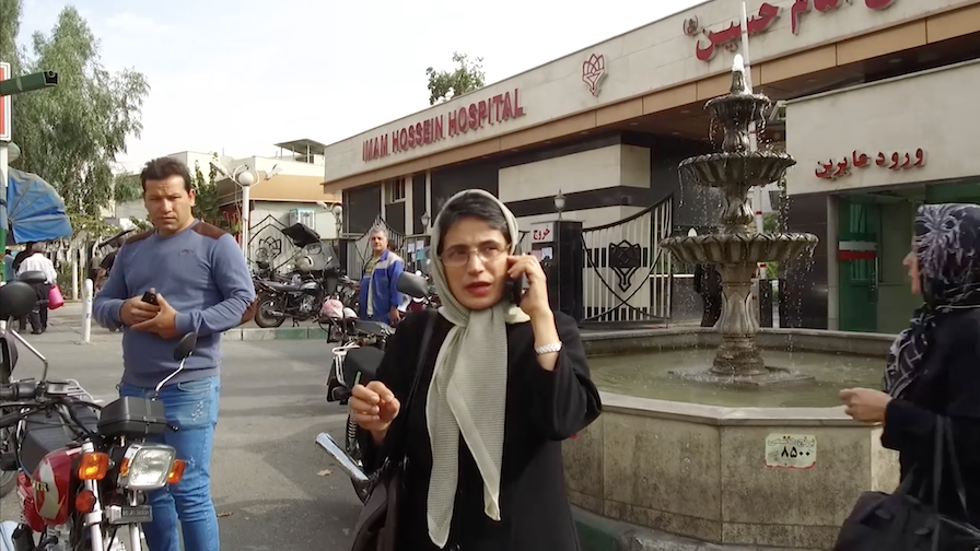 In a scene from the documentary <em>Nasrin, </em>Sotoudeh is shown outside a Tehran hospital before her arrest in 2018.
