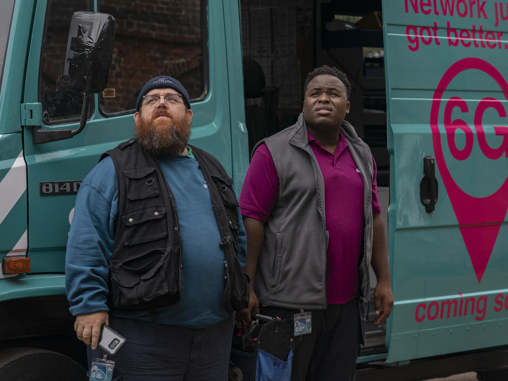 Broadband installers Gus (Nick Frost) and Elton (Samson Kayo) midnight as paranormal investigators in Amazon's <em>Truth Seekers.</em>
