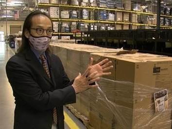 San Diego County Registrar of Voters Michael Vu tours the warehouse where the county keeps its polling place supplies.