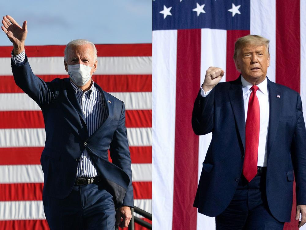 Democratic presidential nominee Joe Biden waves to supporters before speaking at a drive-in rally in Dallas, Pa., on Oct. 24. In a separate photo, President Trump campaigns in Gastonia, N.C., on Oct. 21.