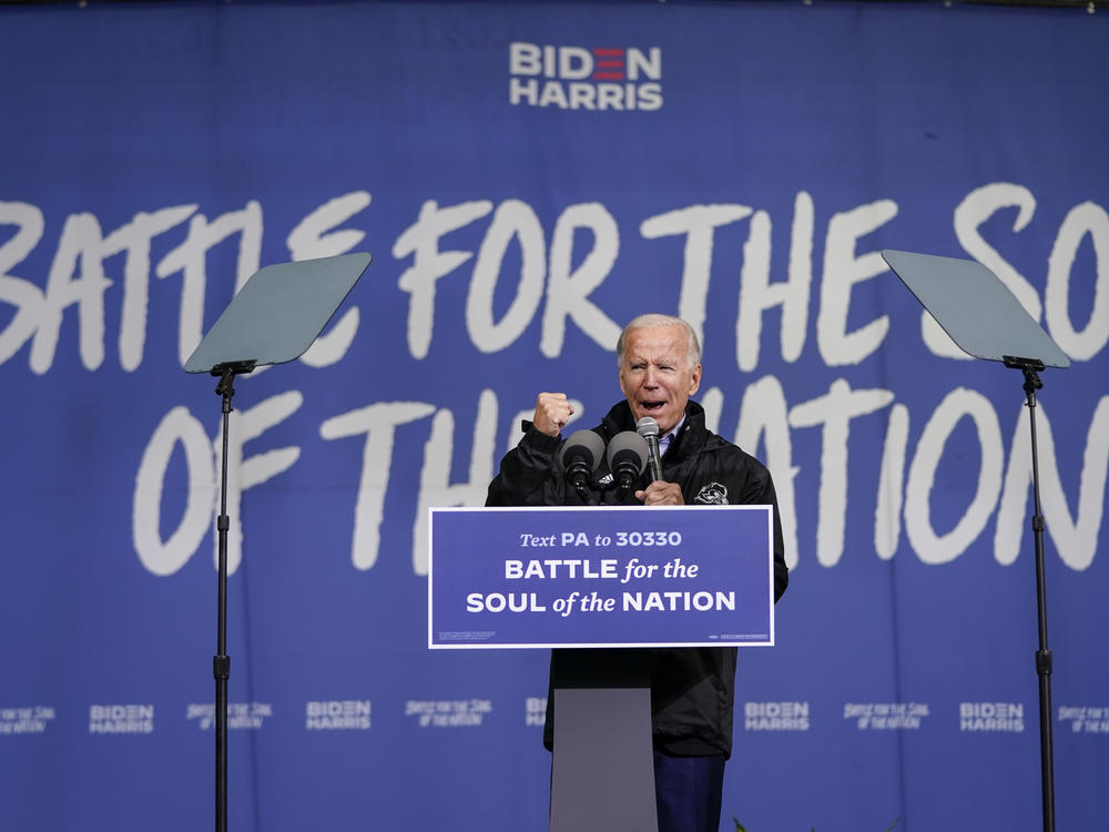 Democratic presidential nominee Joe Biden speaks at an event Sunday at Sharon Baptist Church in Philadelphia.