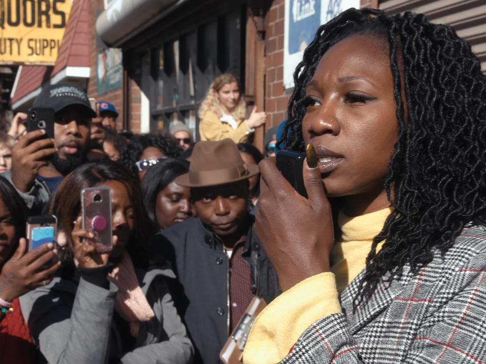 Mayoral candidate Amara Enyia holds a press conference during the 2019 Chicago race.
