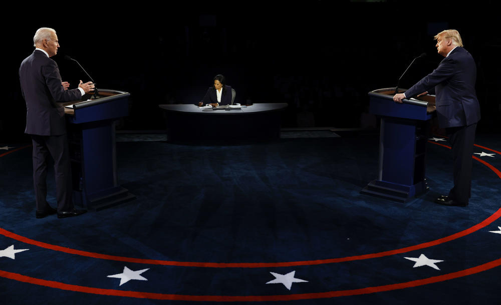 Biden and President Trump participate in the final presidential debate at Belmont University in Nashville, Tenn., on Oct. 22. This debate was a more civil affair, following Trump's persistent interruptions in the first faceoff.