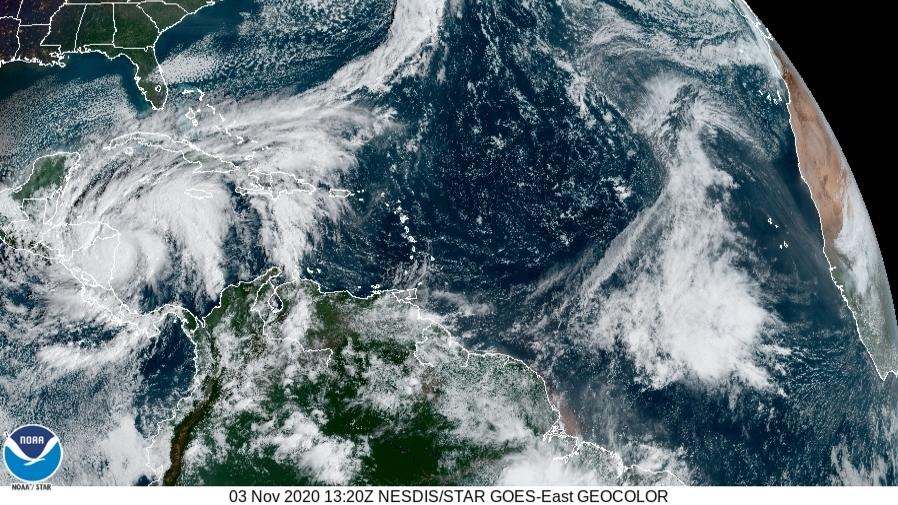 An image taken by the GOES satellite showing Hurricane Eta as it approaches landfall along Central America's Caribbean coast.