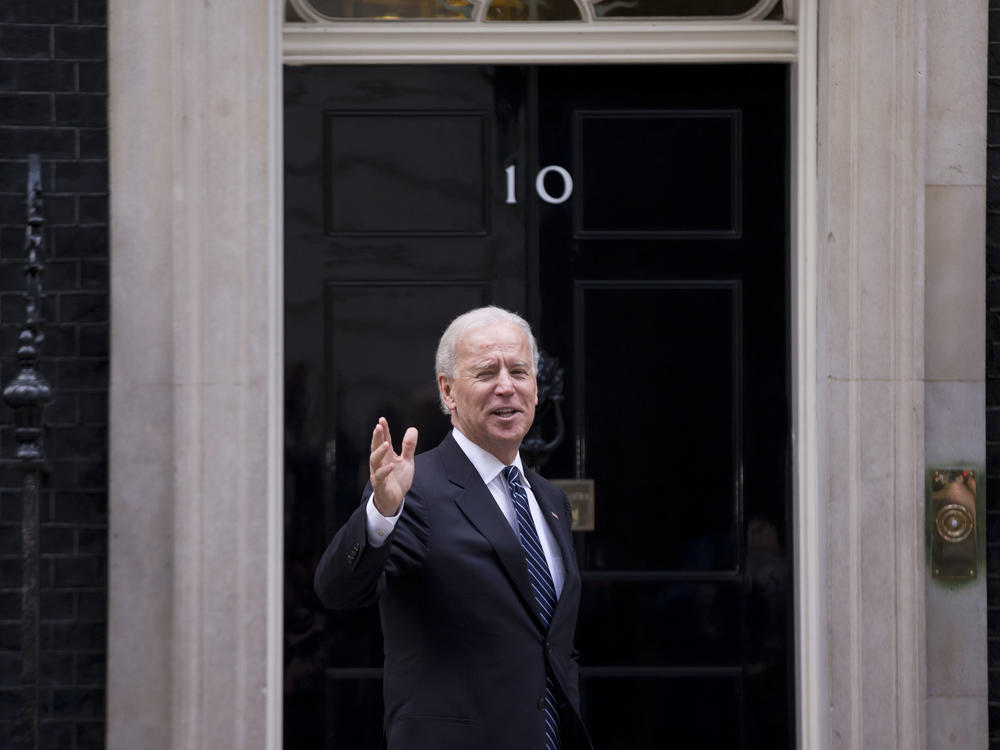 Joe Biden arrives at No. 10 Downing St. in London, the residence and office of Britain's prime minister, while serving as vice president in 2013.