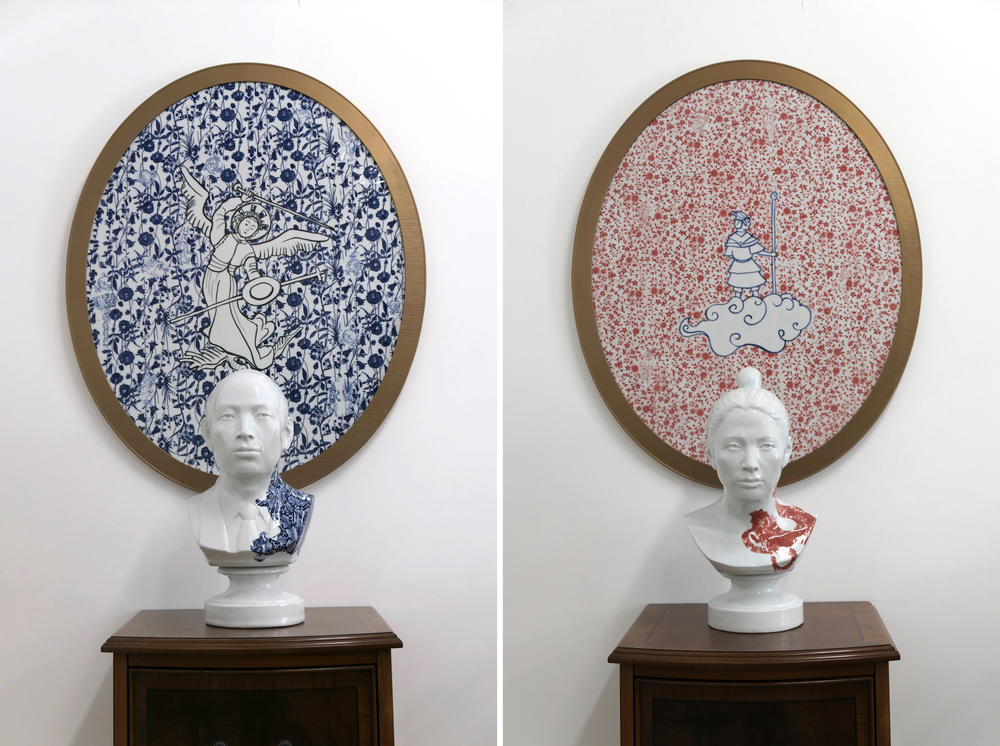 Left, <em>Portrait, Father Crosses the Ocean,</em> 2019,<em> </em>in front of <em>St. Michael Fights the Demon,</em> 2019 and right, <em>Self Portrait, Sun Wu Kong Slays the Dragon</em>, 2019, in front of <em>Journey to the West, Son Wu Kong on the Cloud</em>, 2019.