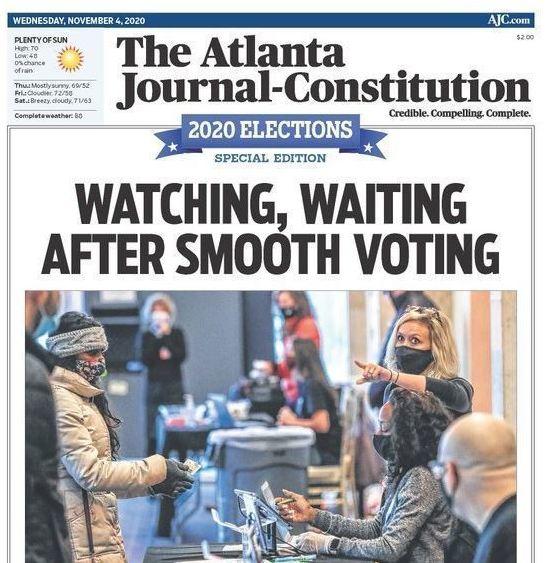 <em>The Atlanta Journal-Constitution</em> reported that voting had gone smoothly, but that the race for the White House was going to the wire, and the two U.S. Senate races in Georgia could be headed to runoffs.