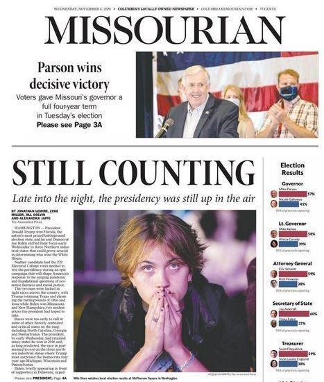 At the Columbia <em>Missourian</em>, the front page reflects a sense of anxiety about the too-close-to-call result. The lead image was of a person in McPherson Square in Washington, D.C., fingers tented in anticipation, under the all-caps headline: 