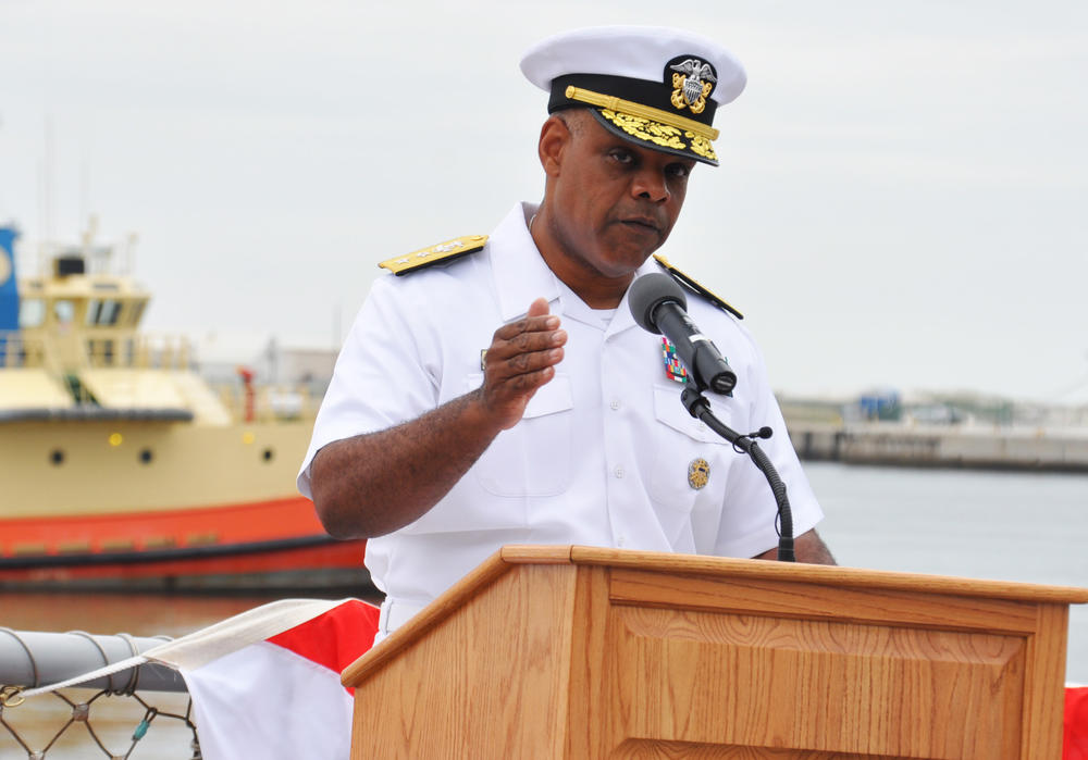 Rear Adm. Sinclair M. Harris speaks about the importance the Battle of Midway and turning point of World War II in the Pacific aboard the Arleigh Burke-class destroyer USS The Sullivans in 2013.