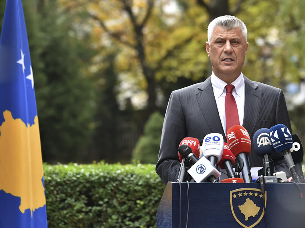 Kosovo President Hashim Thaci announces his resignation Thursday in the Kosovo capital of Pristina. He said he was stepping down to face war crimes charges in The Hague.