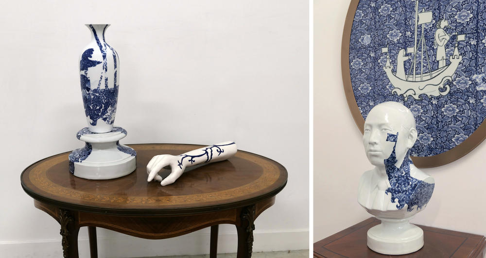 Left, detail with vase & hand, Chinoiserie Group #2 and right, <em>Portrait, Father Crosses the Ocean</em>, 2019, in front of <em>A Priest & a Merchant Sails to the East,</em> 2019.