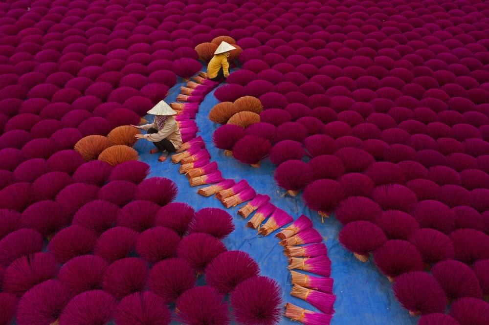 Workers gather incense sticks into bundles at a village near Hanoi, Vietnam.<strong> </strong>