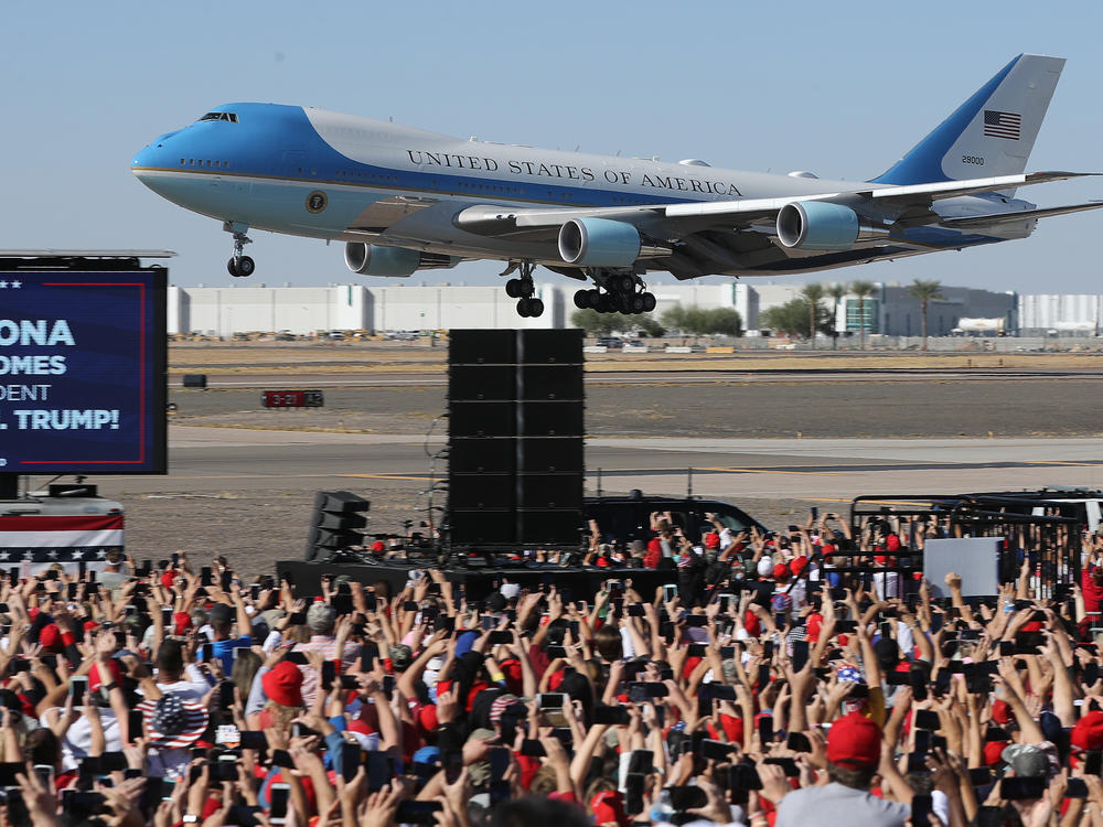 Air Force One lands at Phoenix Goodyear Airport for a campaign rally less than a week before Election Day.