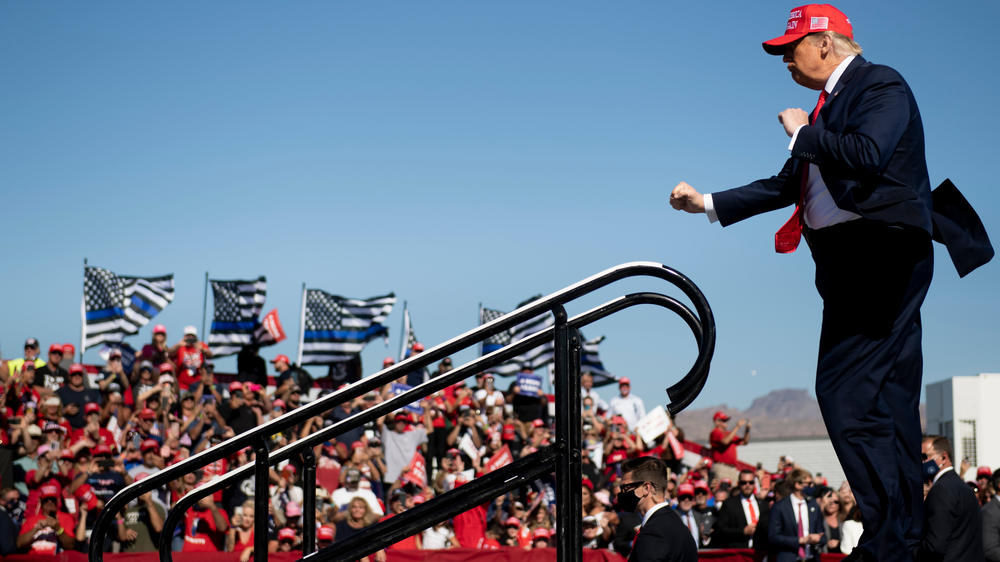Trump dances as he leaves the stage during a rally in Bullhead City, Ariz., on Oct. 28.