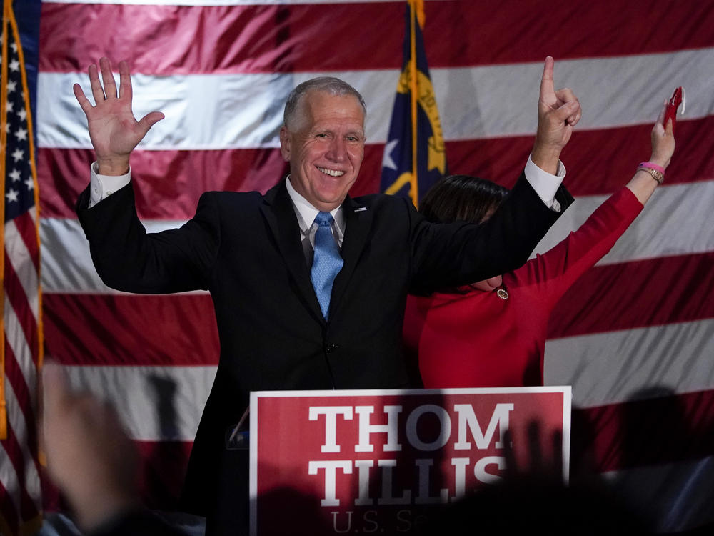 Sen. Thom Tillis, R-N.C., celebrates at an election night rally in Mooresville, N.C., but it took several days after Election Day before Democrat Cal Cunningham conceded. The Associated Press has not yet called the race.