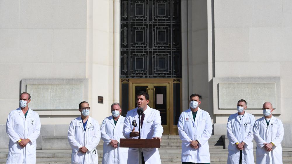 On Oct. 5, White House physician Sean Conley discusses President Trump's medical condition in front of Walter Reed National Military Medical Center in Bethesda, Md., where Trump was hospitalized with COVID-19.