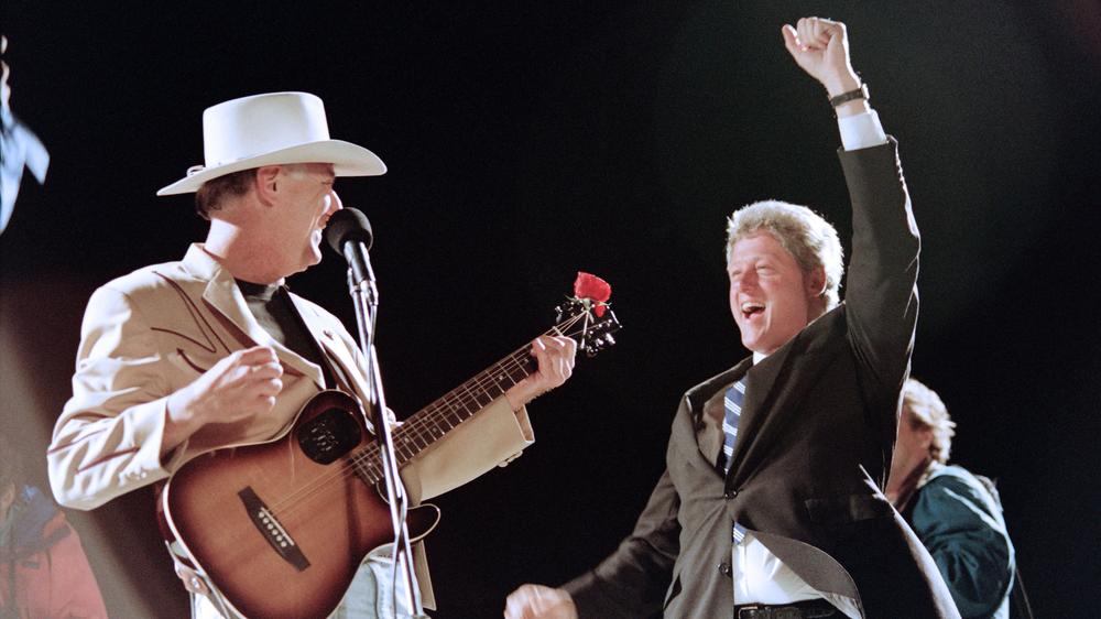 Jerry Jeff Walker, photographed onstage with Bill Clinton at Clinton's final campaign stop on Nov. 3, 1992 in Fort Worth, Texas.