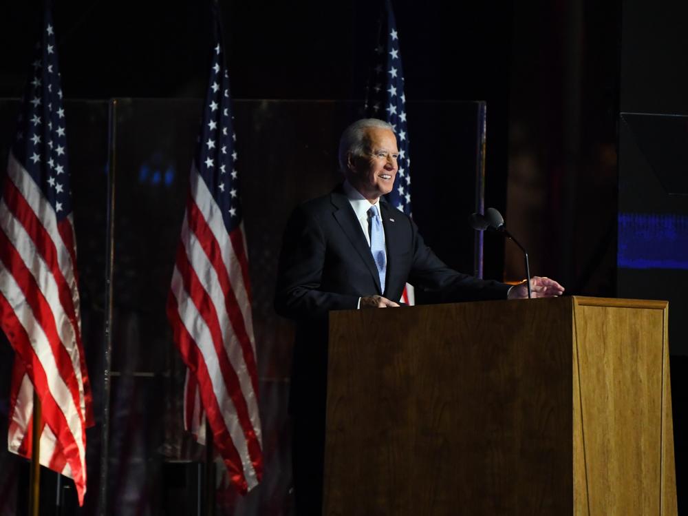 President-elect Joe Biden speaks during an election event in Wilmington, Del., on Saturday evening.