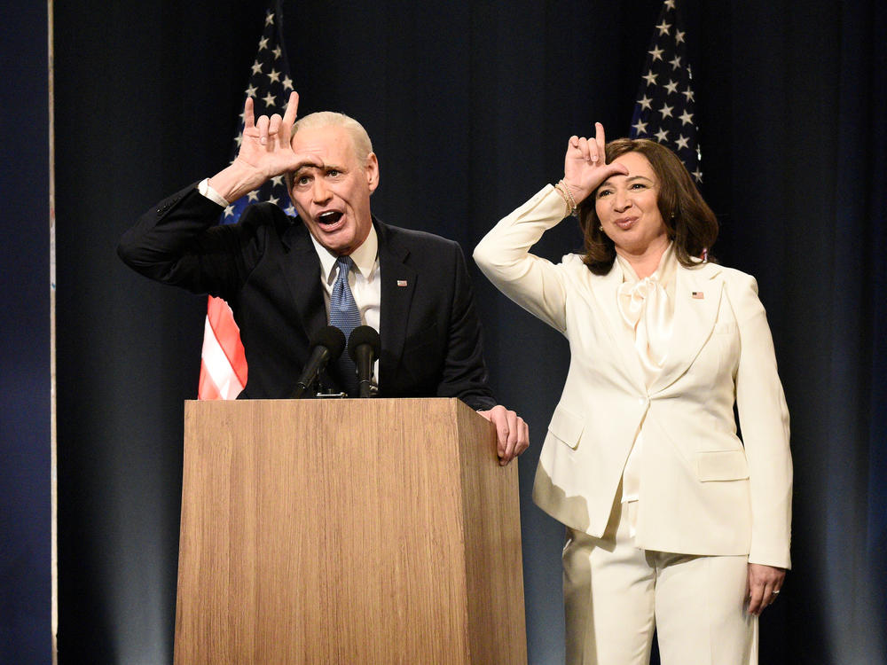 Jim Carrey as Joe Biden and Maya Rudolph as Kamala Harris on <em>Saturday Night Live</em> on Saturday.