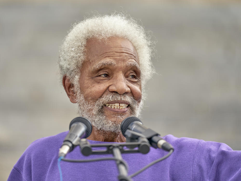 Nebraska's longest serving state Sen. Ernie Chambers of Omaha addresses supporters on the stairs of the Capitol in Lincoln, Neb., on Aug. 13. Chambers helped keep Nebraska's electoral votes split.