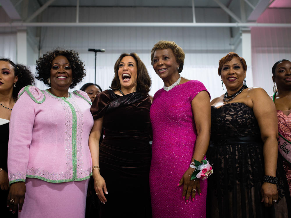 Sen. Kamala Harris stands with attendees and participates in the Alpha Kappa Alpha Sorority Inc. hymn at their Annual Pink Ice Gala in Columbia, South Carolina on Friday, Jan. 25, 2019.