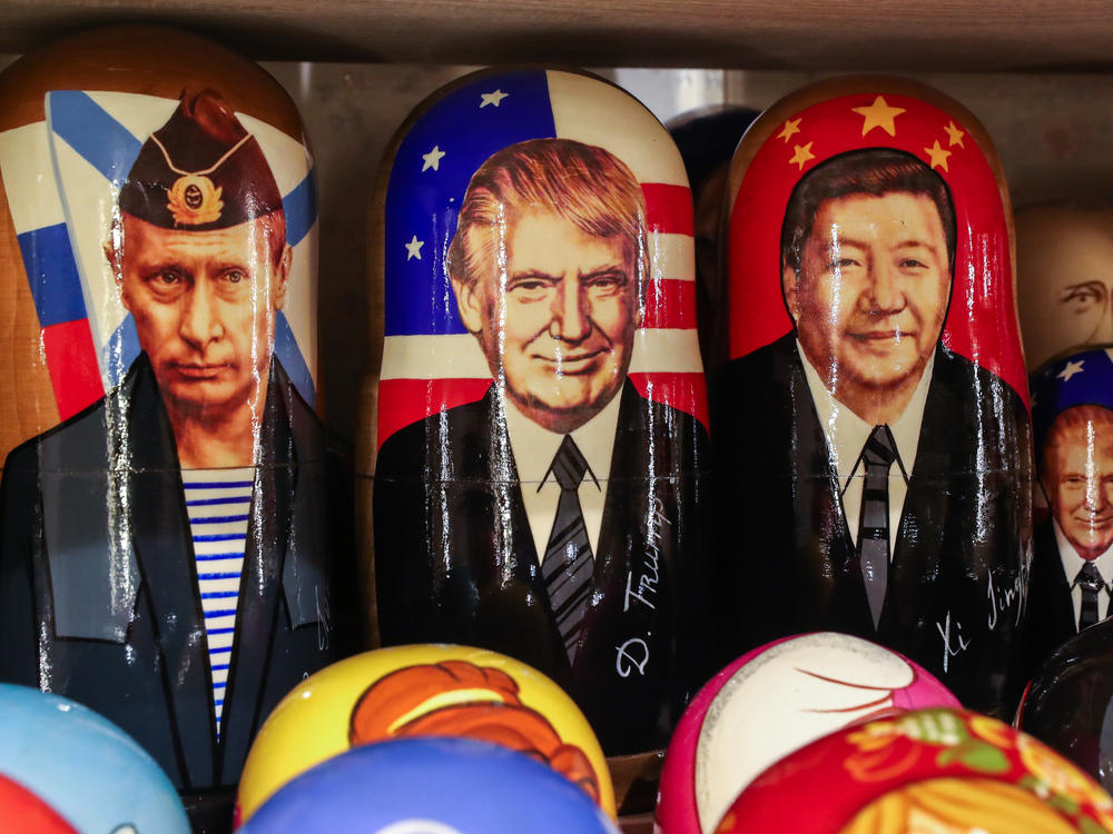 Russian dolls with the likenesses of Russia's President Vladimir Putin, President Trump and China's President Xi Jinping at a gift shop in Russia. While many world leaders have congratulated President-elect Joe Biden, Russia and China have held off.