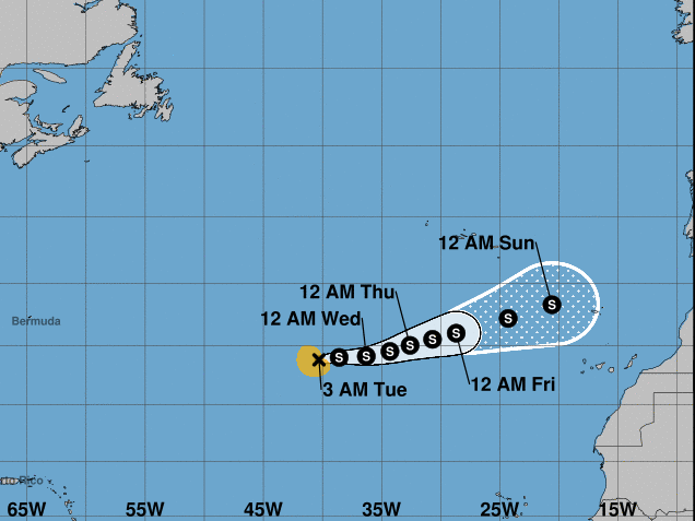 Forecast cone graphic for Subtropical Storm Theta, the 29th named storm of the 2020 hurricane season. Theta is not expected to reach the United States.