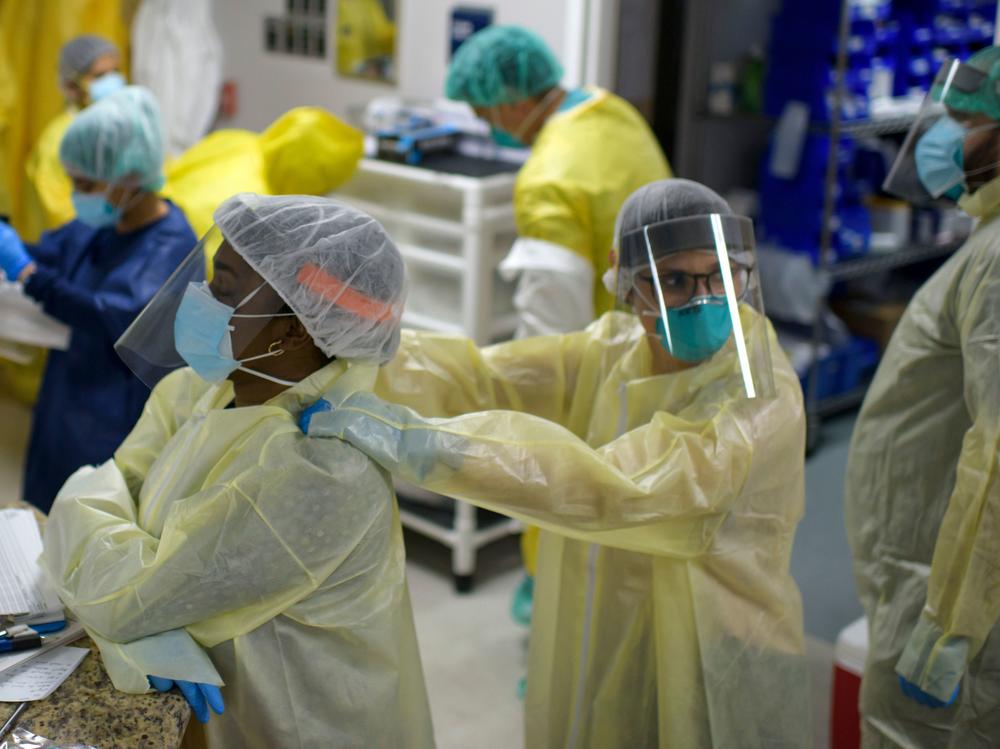 Health care workers at the Covid-19 Unit at United Memorial Medical Center in Houston on July 2.