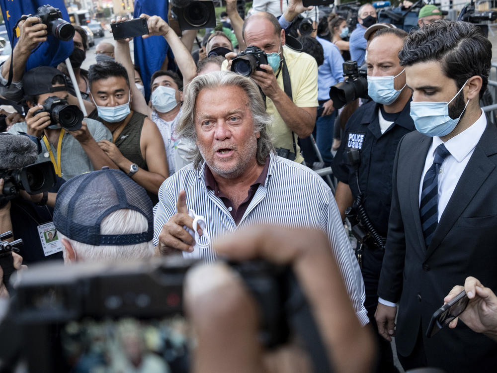 Steve Bannon leaves federal court on Aug. 20 after pleading not guilty to charges he defrauded donors to an online fundraising scheme to build a southern border wall.