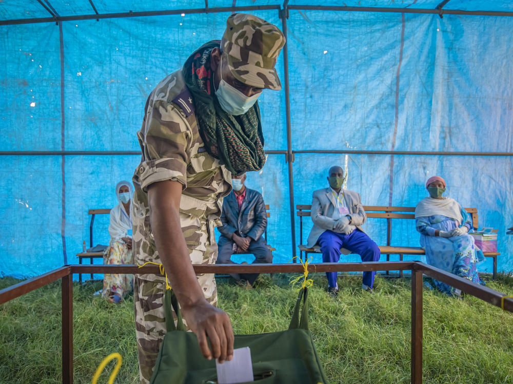 A member of the Tigray special forces casts his vote in a local election in the regional capital Mekelle, in the Tigray region of Ethiopia, on Sept. 9. The election took place in defiance of the federal government.