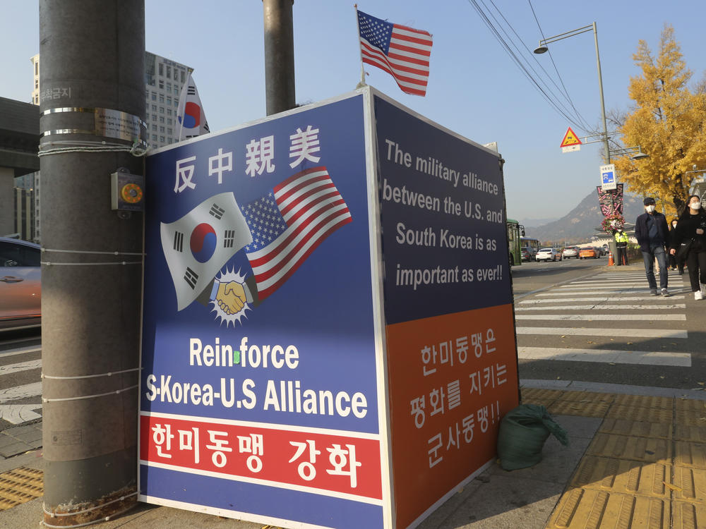 A billboard supporting the alliance between South Korea and the U.S. is displayed near the U.S. Embassy in Seoul, South Korea, on Thursday. The banner at top reads, 