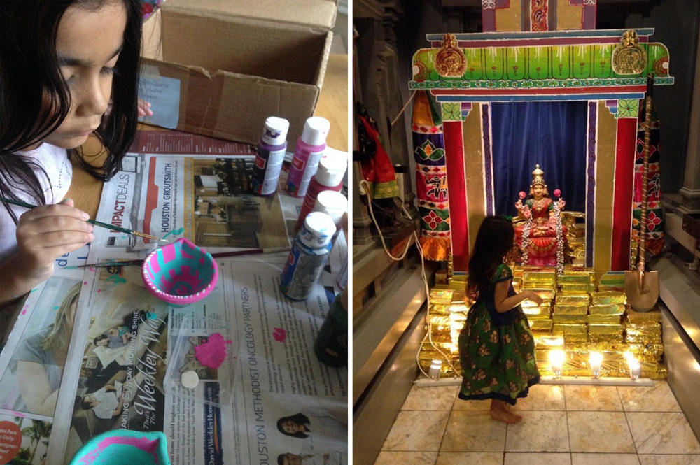 Leela Keller paints a Diya lamp at home preparing for Diwali decorations, in 2016. Right, Leela stands in front of the statue of Hindu goddess Lakshmi, in Sri Meenakshi Temple, located in Madurai, in the state of Tamil Nadu, India.