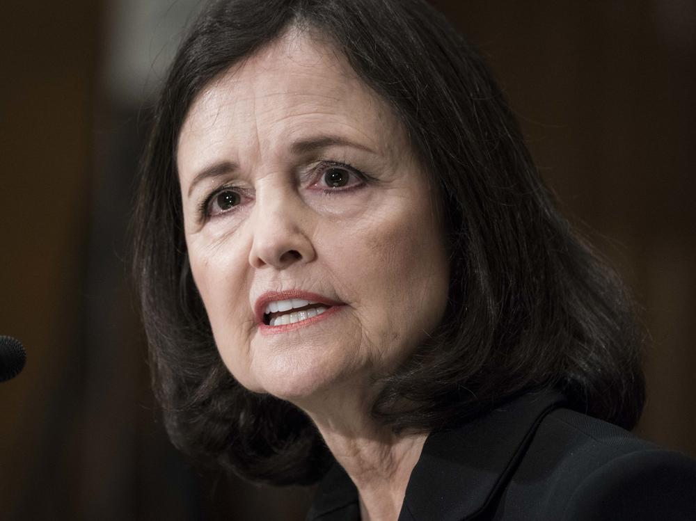 Judy Shelton testifies before the Senate Banking, Housing and Urban Affairs Committee during a February hearing on her nomination to the Federal Reserve's board of governors. A slim majority in the Senate is expected to confirm Shelton this week.