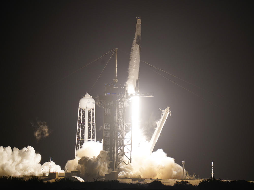 A SpaceX Falcon9 rocket, with the Crew Dragon capsule, lifts off from the Kennedy Space Center Sunday Nov. 15, 2020, in Cape Canaveral, Fla. Four astronauts are beginning a mission to the International Space Station.