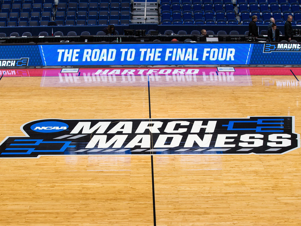 A view of the NCAA logo during the first round of March Madness on March 21, 2019, at XL Center in Hartford, Conn. The NCAA announced it plans to hold the 2021 Men's Division I tournament in a single geographic location.