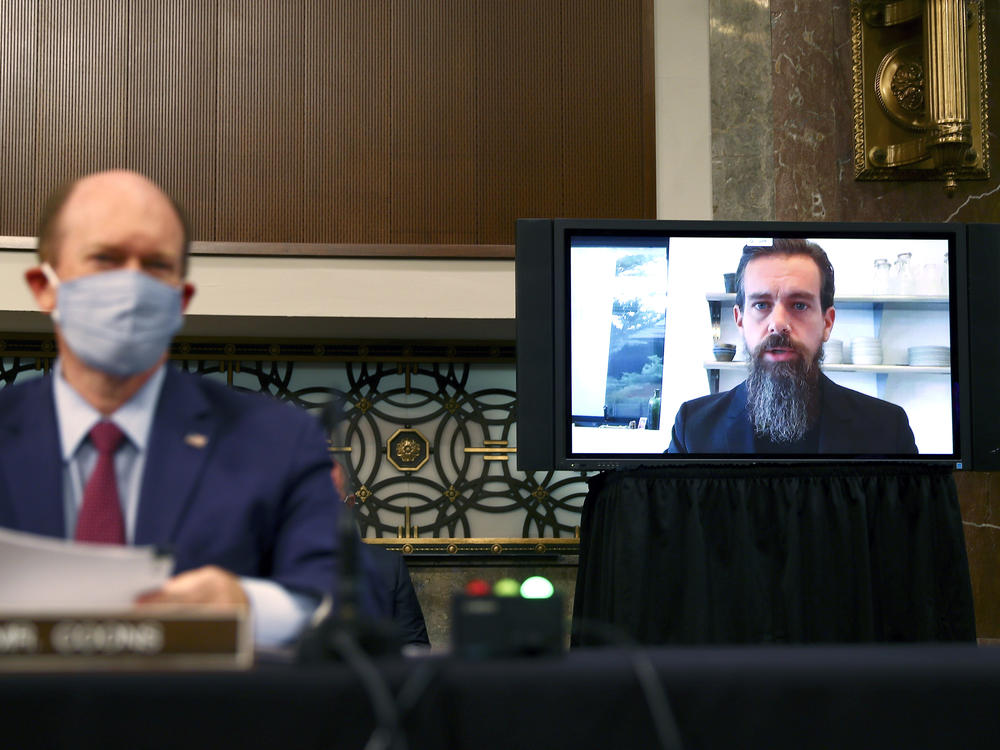 Twitter CEO Jack Dorsey testifies remotely during a Senate Judiciary Committee hearing about how social media companies handled election misinformation.