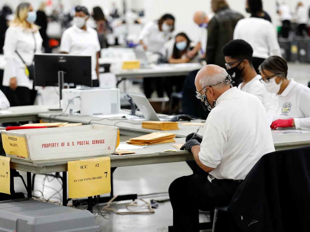 Election workers count absentee ballots earlier this month in Detroit, the county seat of Wayne County, Mich.